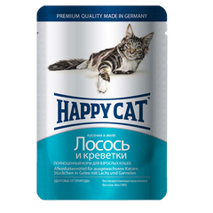 Вологий корм Happy Cat для котів у вигляді шматочків в желе з лососем та криветкою, 100 г, 1002310
