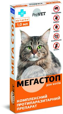 Капли на холку для кошек Природа ProVET «Мега Стоп» от 4 до 8 кг, 1 пипетка (от внешних и внутренних паразитов)