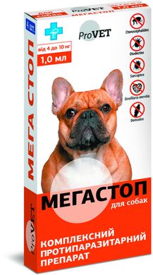 Капли на холку для собак Природа ProVET «Мега Стоп» от 4 до 10 кг, 1 пипетка (от внешних и внутренних паразитов)