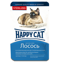 Вологий корм Happy Cat для стерилізованих котів у вигляді шматочків в желе з лососем, 100 г, 1004211