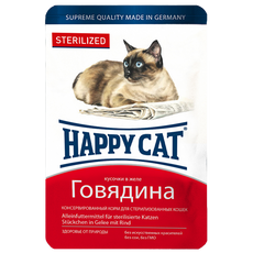 Вологий корм Happy Cat для стерилізованих котів у вигляді шматочків в желе з яловичиною, 100 г, 1004212