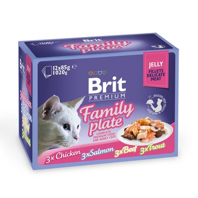 Влажный корм для котов Brit Premium Cat набор паучей 12 шт х 85 г семейная тарелка в желе