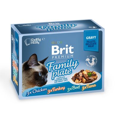 Влажный корм для котов Brit Premium (Брит Премиум) Cat набор паучей 12 шт х 85 г семейная тарелка в соусе